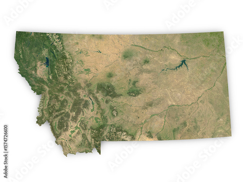 Realistic map of Montana isolated on transparent background. Contains modified Copernicus Sentinel data 2025.