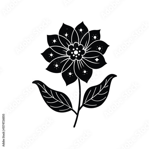Elegant black and white flower illustration with celestial details and simple background