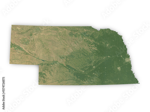 Realistic map of Nebraska isolated on transparent background. Contains modified Copernicus Sentinel data 2025.