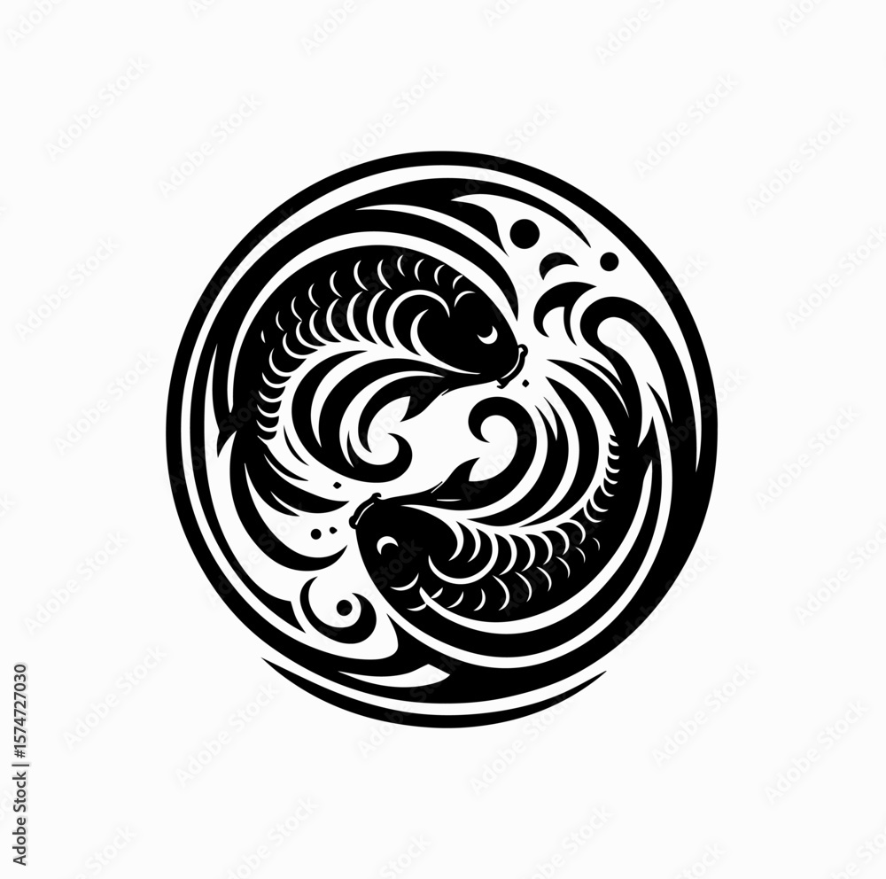 Minimalist Black Vector Logo of Koi Fish and Japanese Wave in Yin Yang Spiral Composition Isolated on White Background Minimalist Black Vector Logo of Koi Fish and Japanese Wave in Yin Yang Spiral Composition Isolated on White Background