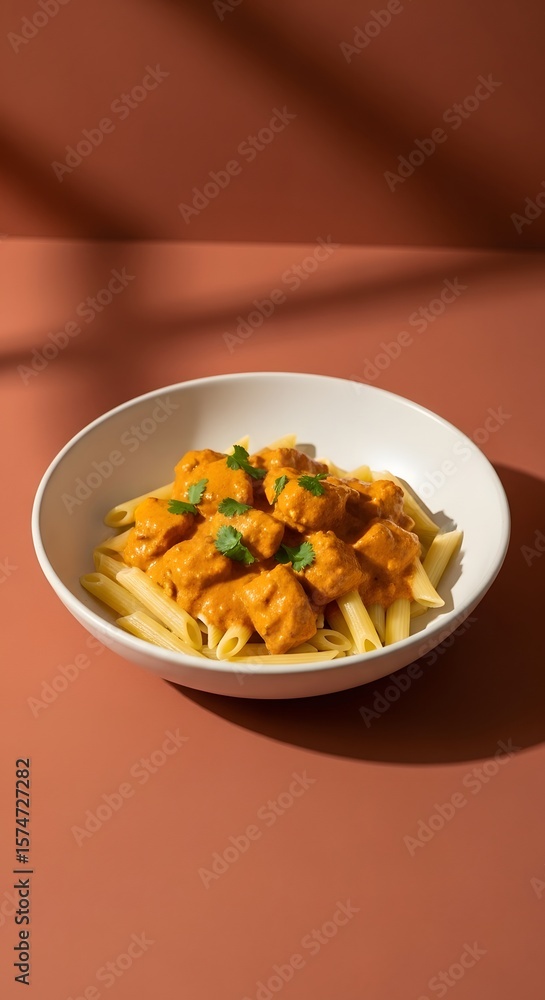 Delicious pasta dish with tomato sauce and chicken pieces served in a white bowl on a brown background Delicious pasta dish with tomato sauce and chicken pieces served in a white bowl on a brown background