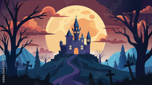 Night Scene with Halloween Moon and Bats