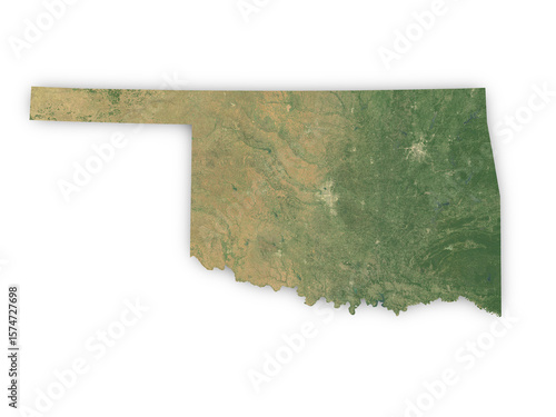 Realistic map of Oklahoma isolated on transparent background. Contains modified Copernicus Sentinel data 2025.