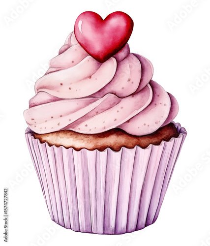 Cupcake with heart shaped sprinkles watercolor , isolated on transparent background, png