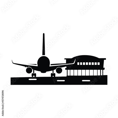 Airplane Silhouette Vector with Airport Terminal on White