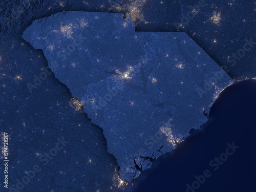 South Carolina as seen from space at night with visible state borders. Contains modified Copernicus Sentinel data 2025.