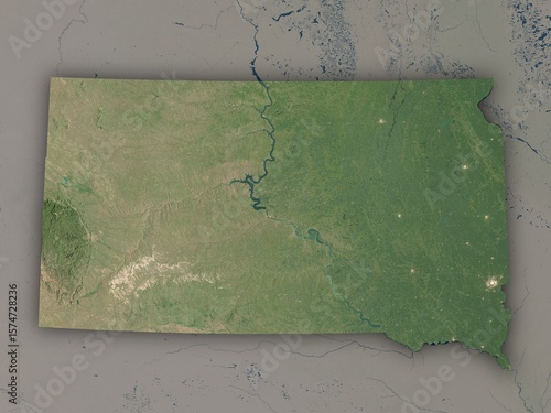 Very detailed map of South Dakota with clear state borders and visible cities. Contains modified Copernicus Sentinel data 2025.