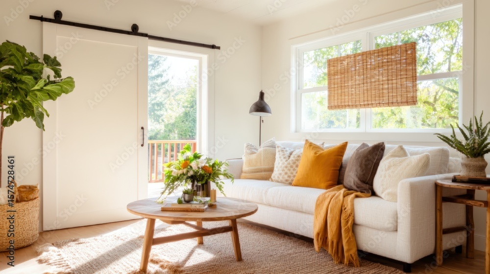 Fototapeta premium Bright and Cozy Living Room with Natural Light and Stylish Decor