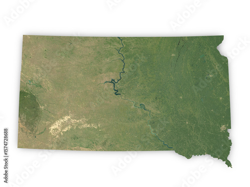Realistic map of South Dakota isolated on transparent background. Contains modified Copernicus Sentinel data 2025.