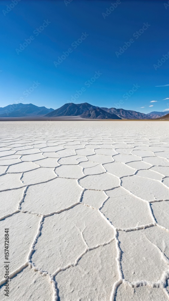 Fototapeta premium Vast salt flats under a clear blue sky with distant mountains