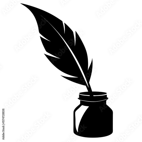 Classic black silhouette of a feather quill dipping into an inkwell