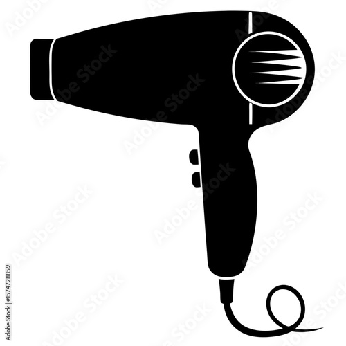 Clean black silhouette of a professional hair dryer isolated on a white background for design