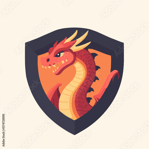 Naive flat icon of dragon token with simple bold shapes, perfect for collectible games, printable assets and fantasy-themed packaging