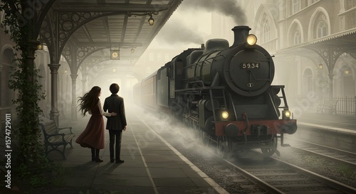 Couple Embracing at Vintage Train Platform Surrounded by Steam and Fog in an Atmospheric Departure Scene