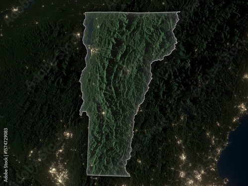 Detailed night map of Vermont with clear state borders and glowing city lights. Contains modified Copernicus Sentinel data 2025.