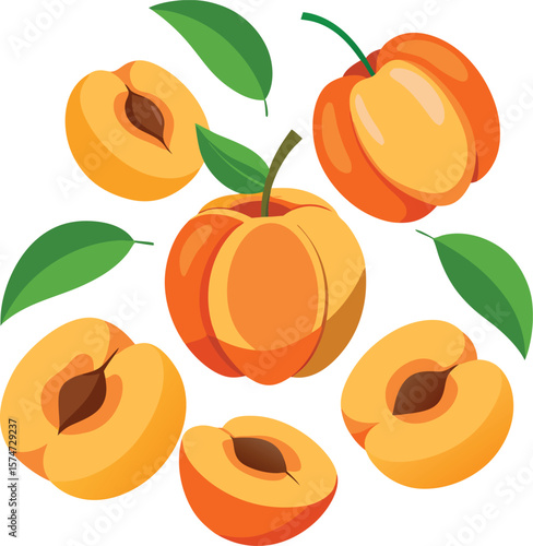 Fresh peaches and slices with green leaves