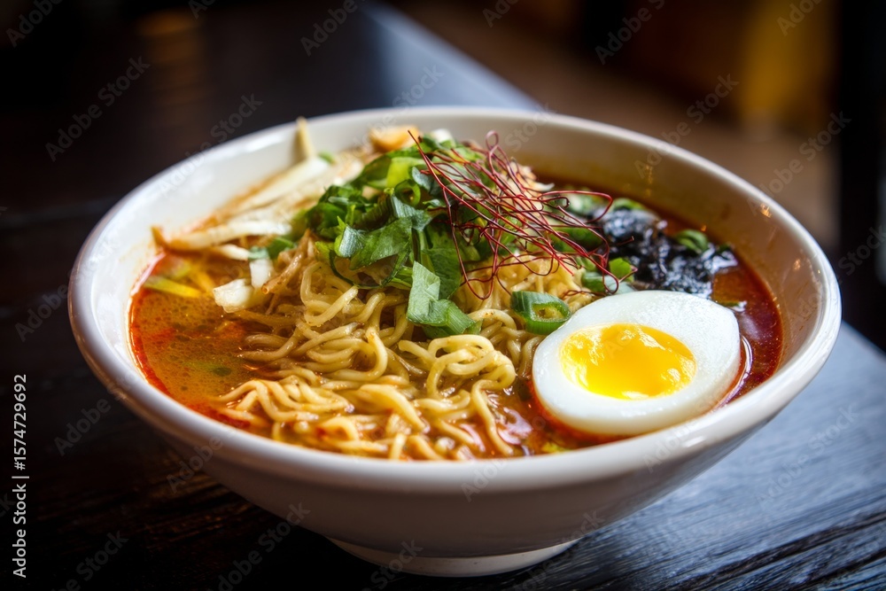 Bowl of ramen with soft boiled egg. Bowl of ramen with soft boiled egg.