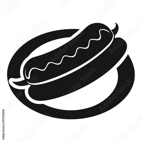 Simple black silhouette of a hot dog served on a white plate