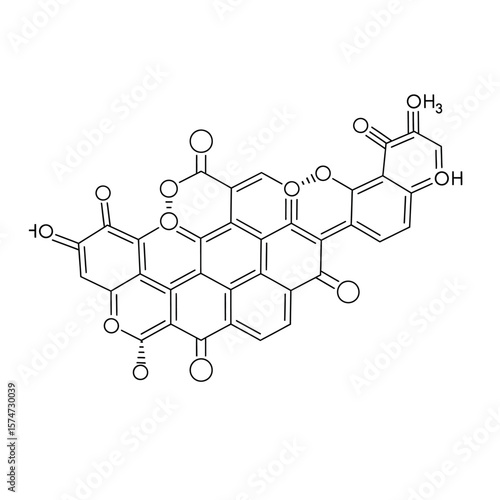 Detailed illustration of a complex chemical structure with hexagonal rings and functional groups shown clearly