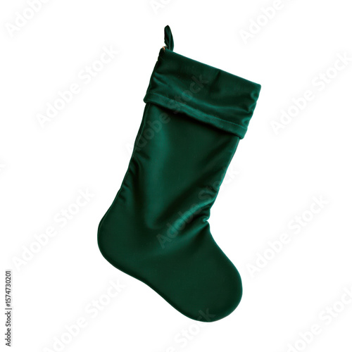 a green christmas stocking with a white cuff and topper, hanging against a black background