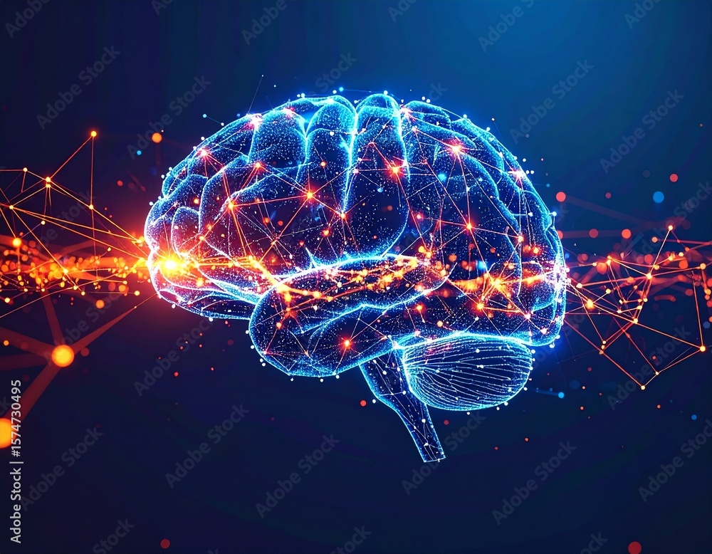Abstract digital brain with streams of orange and red data flowing through its core. Perfect for big data, Al processing, and dynamic information concepts. Abstract digital brain with streams of orange and red data flowing through its core. Perfect for big data, Al processing, and dynamic information concepts.
