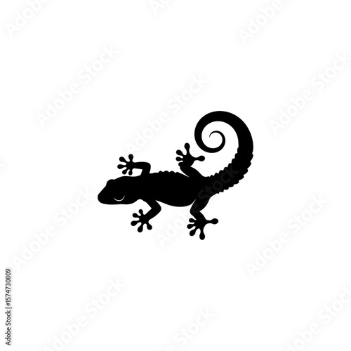 A silhouette of a gecko with a curled tail on a white background in a minimalist style design art