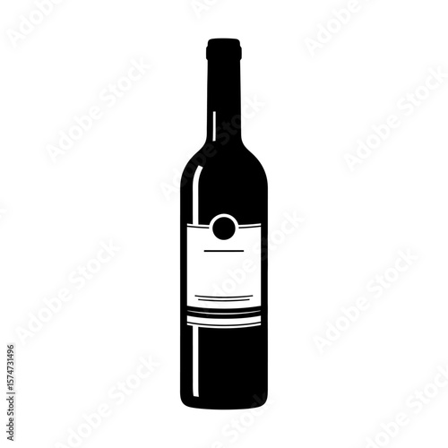 A simple black and white illustration of a wine bottle with a label on a white background style drawing