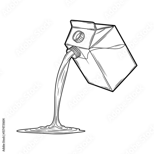 Illustration of a carton pouring liquid out creating a puddle on a white surface in black outline