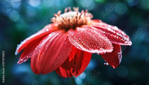 close up of a vibrant red flower covered in dew drops soft focus background