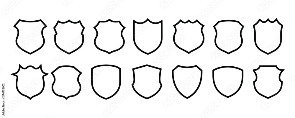 Fototapeta premium Collection of outline shield icon vector illustration. Protection, security, medieval, heraldic, safety, crest symbol vector