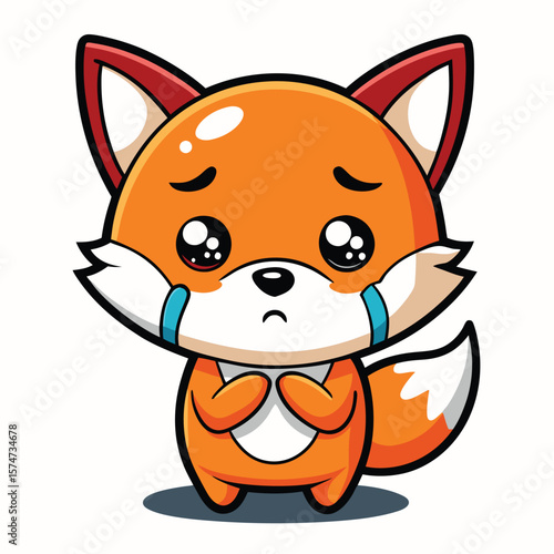 Cute, cartoonish orange fox with big eyes, looking sad and shedding tears