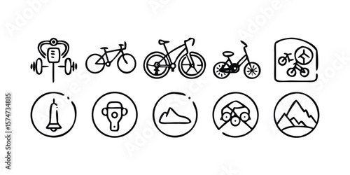 Comprehensive Bicycle Icon Set Vector Pictograms for Cycling Transportation and Recreation Featuring Diverse Styles and Elements on transparent background This comprehensive bicycle icon set features