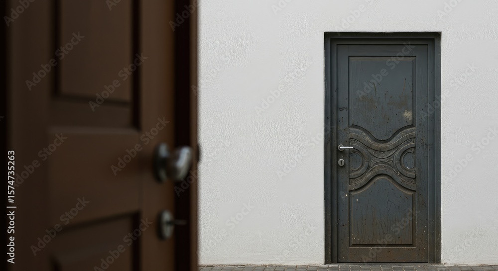 Obraz premium A dark gray door on a white wall, with a brown door opening in the foreground