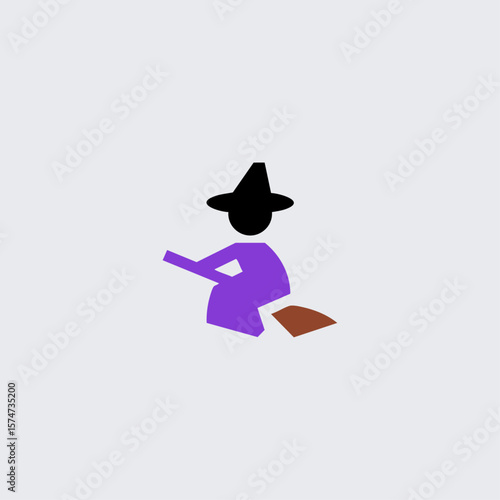 Witch with broom icon logo flat vector design