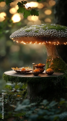 Whimsical Forest Lighted Mushroom Table with Orange Fruits and a Leafy Bowl Composition