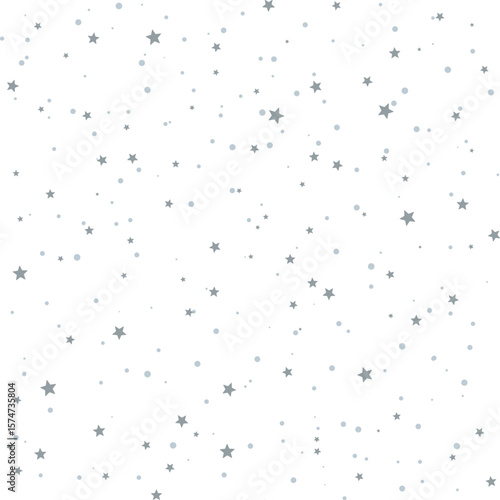 Snowy seamless vector pattern with scattered gray stars and dots. Festive flat style background. Ideal for winter design, seasonal packaging, kids textile, Christmas wallpaper, textile fabric print