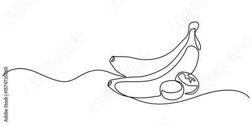 Banana continuous one line drawing minimalist vector design, black line sketch isolated on white background. Fruit vector illustration, Single one line drawing bunch of bananas. Bunch of ripe bananas.