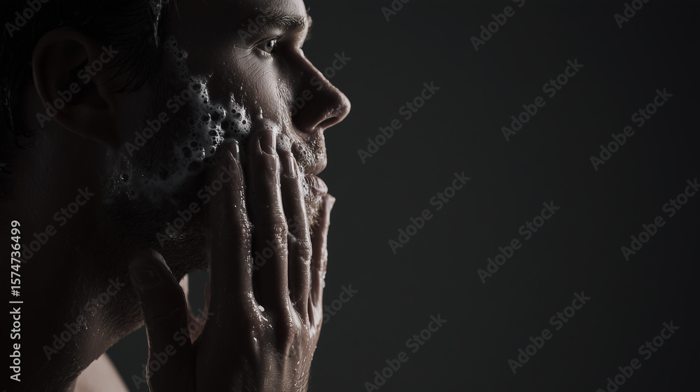 Side portrait of a man washing his face with cleansing foam on a dark background. Men's facial skincare. Side portrait of a man washing his face with cleansing foam on a dark background. Men's facial skincare.