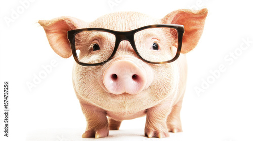 A pig wearing glasses with a pink nose and a white background.