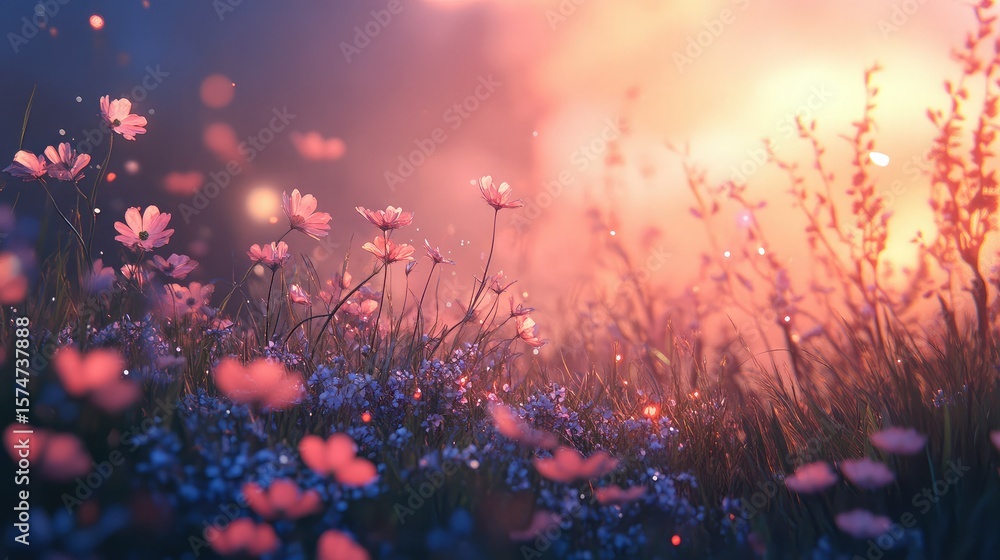 Fototapeta premium A dreamy field of pink cosmos flowers and blue wildflowers at sunset with bokeh lights effect