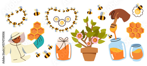 Honey set of vector illustrations. Set with jars of honey, bees, hive and more.