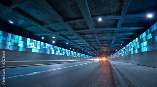 Road tunnel illuminated by modern LED lights, underpass view.