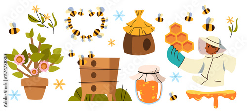 Honey set of vector illustrations. Set with jars of honey, bees, hive and more.