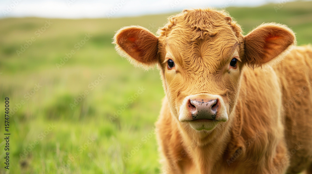 A curious young calf stands in a lush green field, gazing directly into the camera with a curious expression. A curious young calf stands in a lush green field, gazing directly into the camera with a curious expression.