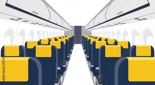 Empty airplane interior with rows of blue and yellow seats.