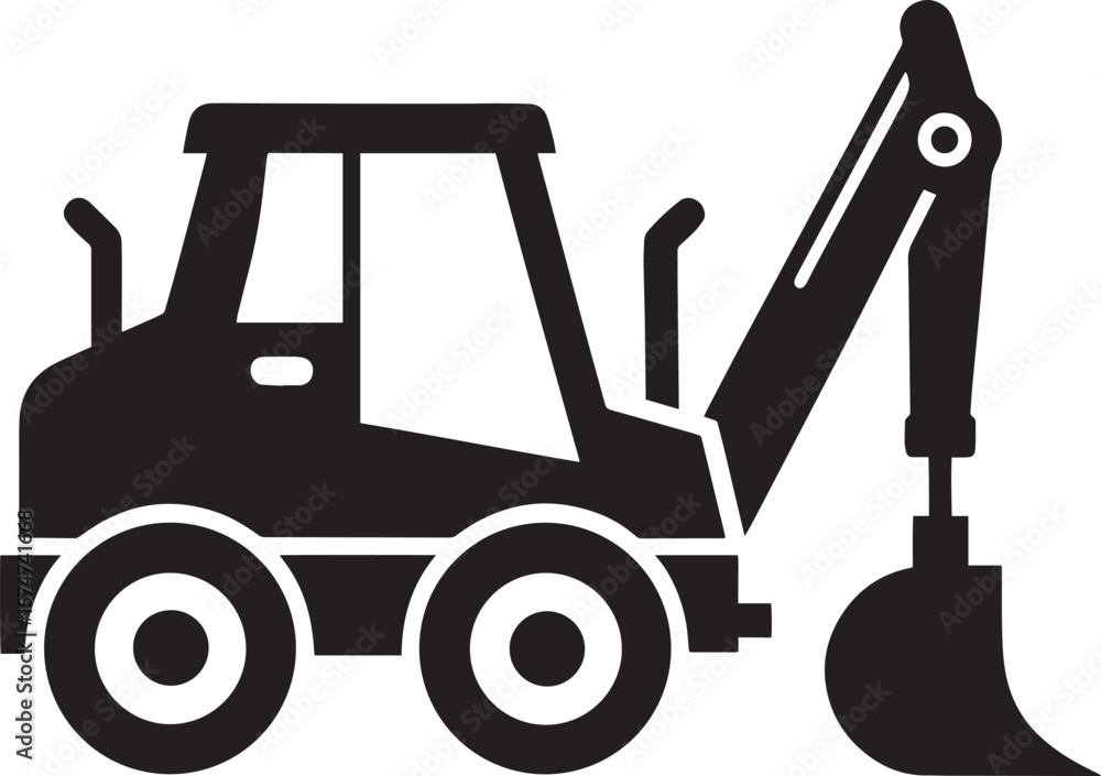 Naklejka premium Black silhouette of a compact excavator digging isolated on white background