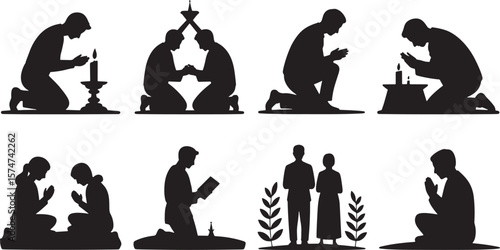 People Praying Reading Spiritual Devotion Farmland Crops Agriculture Silhouette