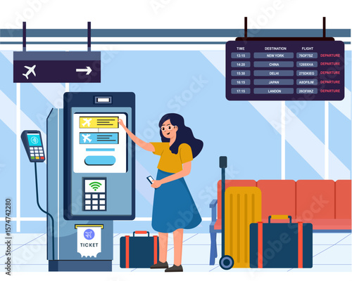 woman using self check-in kiosks in airport terminal vector illustration.