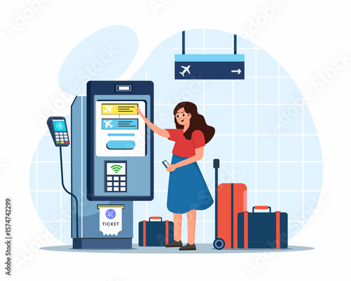 woman using self check-in kiosks in airport terminal  online check in technology at airport vector illustration
