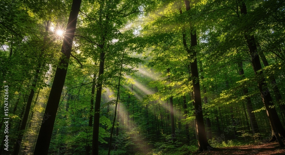 Obraz premium Sunlight filtering through lush green trees in a vibrant forest illuminating the natural beauty of the wilderness
